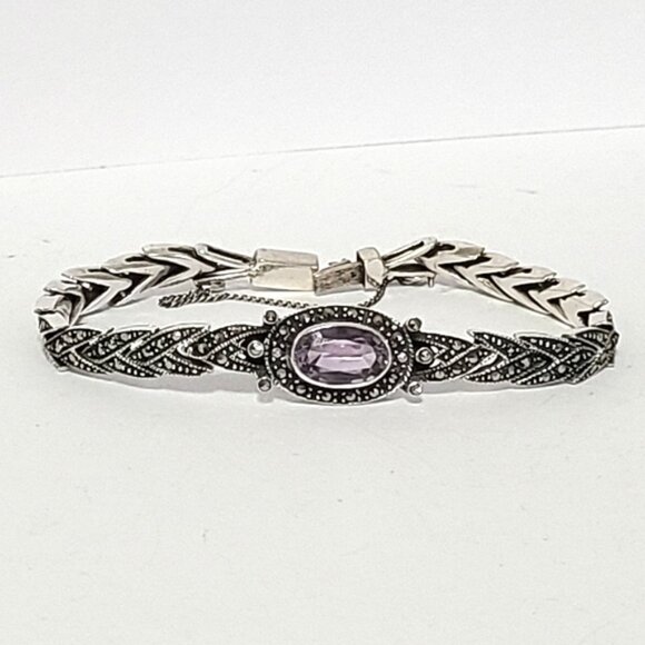 Vintage Art Deco Sterling Silver Purple Amethyst Marcasite Crystal Bracelet - Picture 8 of 15